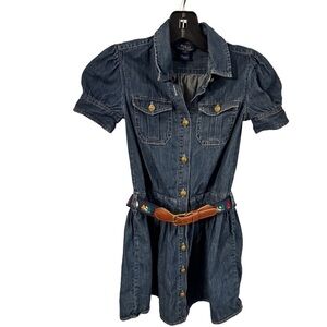 Polo Ralph Lauren Denim Shirt Dress Girls W/Belt Short Puff Sleeves Size 7